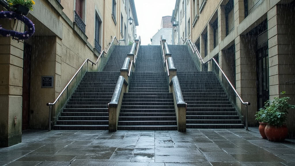 Monte-escalier extérieur résistant aux intempéries, en fonctionnement sous la pluie à Saint-Paul-de-Jarrat