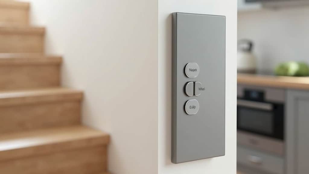 Télécommande simple pour monte-escalier, avec bouton de montée et descente, utilisée par une personne âgée dans sa cuisine à Saint-Paul-de-Jarrat