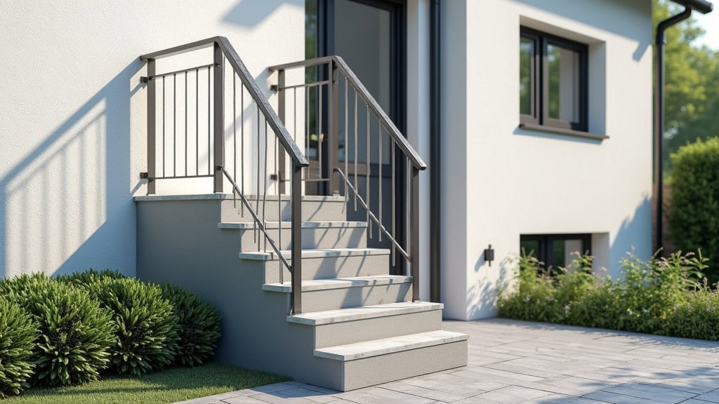 Monte-escalier extérieur en aluminium installé sur un petit escalier menant à une entrée de maison à Saint-Paul-de-Varces, avec un toit de protection et un parterre de fleurs en bas