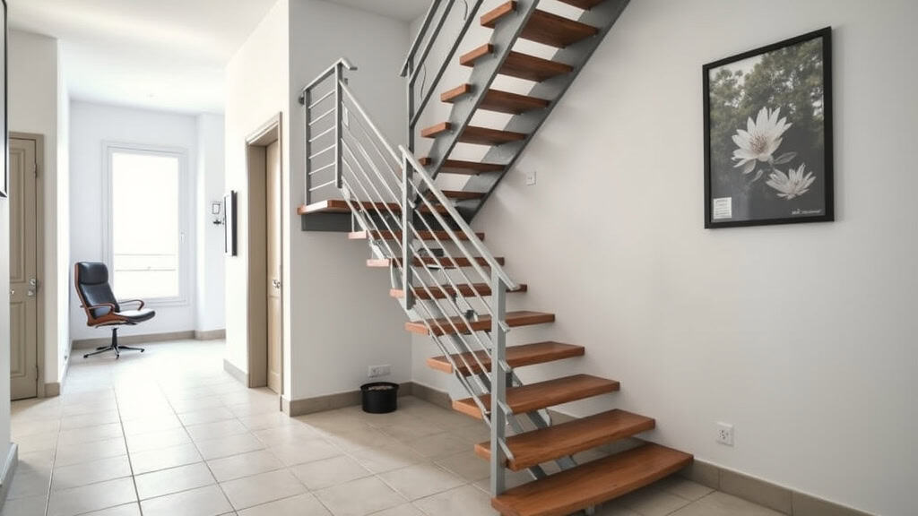 Monte-escalier tournant avec un virage à 90 degrés, installé dans une maison de village à Saint-Paul-sur-Save, avec un rail en acier inoxydable et un siège noir, adapté à une configuration d