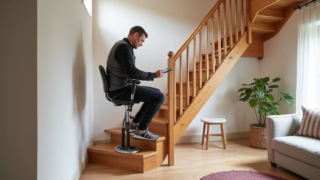 Monte-escalier installé sur un escalier en bois dans une maison traditionnelle de Saint-Pierre-du-Chemin, avec un utilisateur en sécurité sur le siège