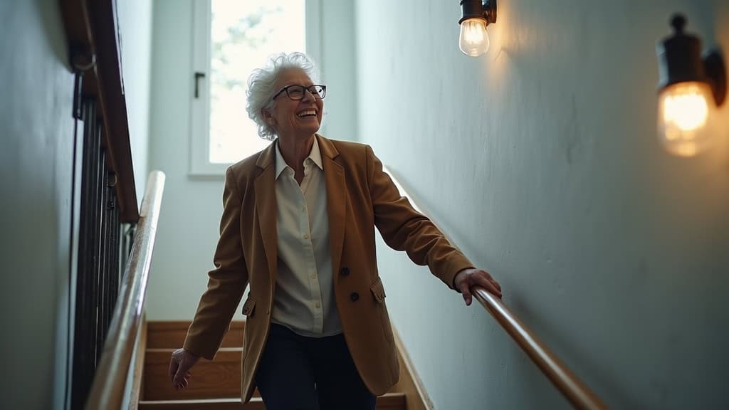 Personne âgée souriante utilisant un monte-escalier à Saint-Pierre-du-Chemin, main sur la commande, regard vers la fenêtre