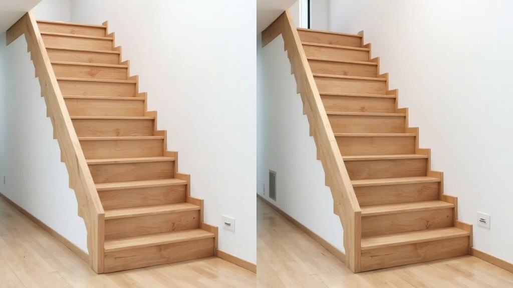 Comparaison avant-après : escalier en bois sans aide à gauche, avec un monte-escalier discret installé à droite, au sein d