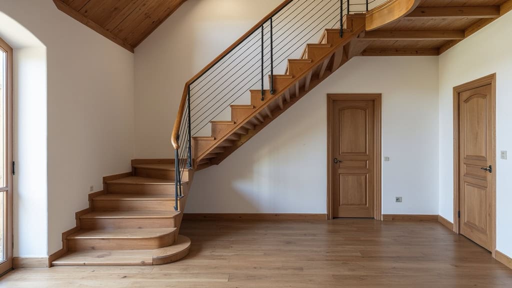 Monte-escalier tournant avec un virage à 90 degrés, installé dans un escalier ancien en bois à Saint-Pierre-en-Val, design discret et élégant
