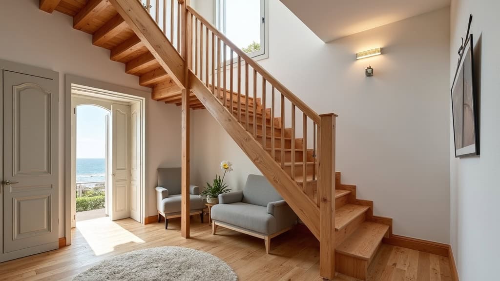 Monte-escalier droit installé sur un escalier en bois dans une maison typique de Saint-Pierre-Quiberon