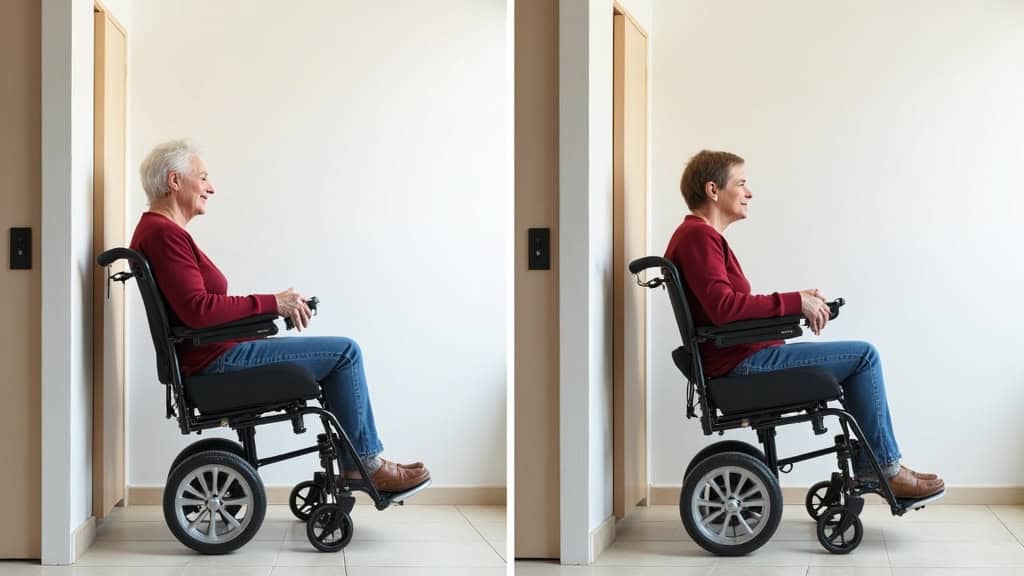 Comparaison avant/après : une personne âgée en fauteuil roulant qui utilise un monte-fauteuil pour accéder à son étage, avant la pose et après