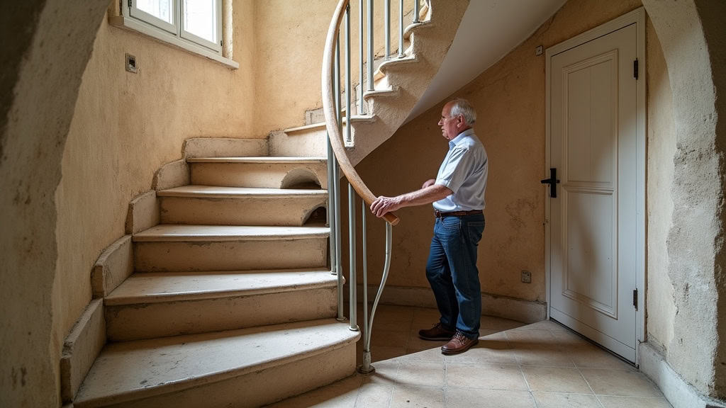 Monte-escalier droit installé dans une maison ancienne de Saint-Rémy-sur-Durolle, avec un homme âgé qui monte en toute sécurité