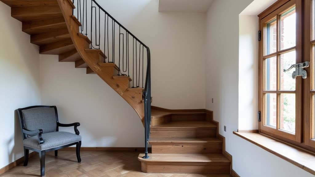 Monte-escalier courbe installé dans une maison de Saint-Romain-de-Popey, avec rail en acier peint et siège en tissu gris, dans un escalier en bois ancien