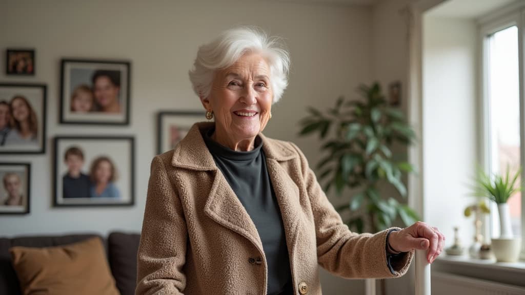 Mme Durand, âgée de 78 ans, utilisant un monte-escalier tournant dans son salon à Saint-Savinien, avec un sourire, entourée de photos de famille