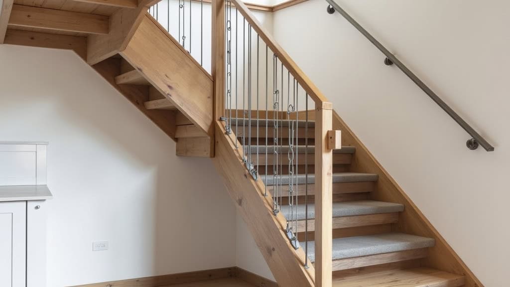 Monte-escalier droit installé sur un escalier en bois dans une maison traditionnelle de Saint-Sylvestre-sur-Lot, avec siège en tissu gris et rail métallique discret