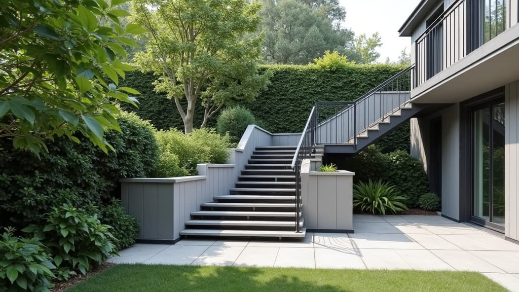 Monte-escalier extérieur sur un escalier de jardin à Saint-Symphorien-d’Ancelles, avec un design discret et un rail en acier inoxydable résistant aux intempéries