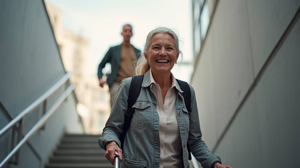 Personne âgée utilisant un monte-escalier à Saint-Symphorien-d’Ancelles, souriante, en train de monter les marches en toute sécurité