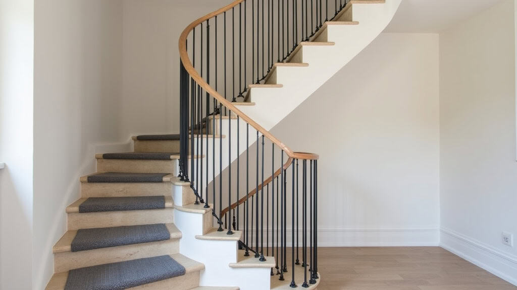 Installation d’un monte-escalier droit dans une maison traditionnelle de Saint-Victor-la-Coste, avec rails fixés sur les marches en pierre et siège en tissu gris foncé