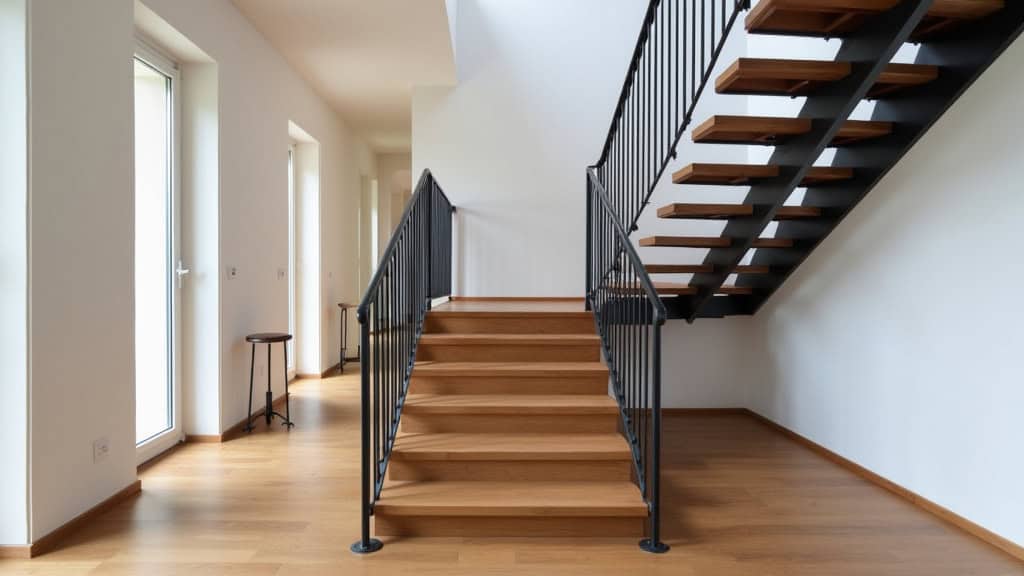 Monte-escalier tournant en acier noir avec siège confortable sur un escalier en bois dans une maison de Saint-Victor-sur-Rhins