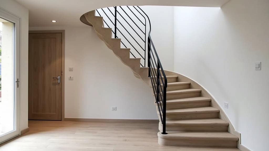 Monte-escalier courbe personnalisé sur mesure dans une maison de Saint-Vincent avec virage à 90 degrés, rail en aluminium noir et siège en tissu beige, intégré à l