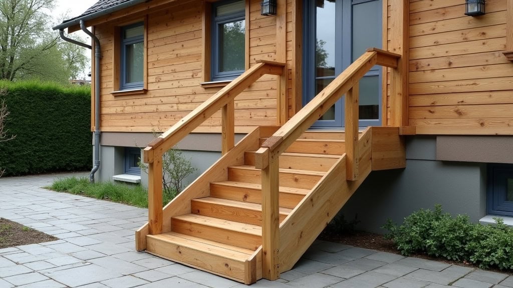 Monte-escalier extérieur installé sur un perron en bois à Saint-Vincent-de-Paul, résistant à la pluie, avec rampe intégrée et siège rembourré