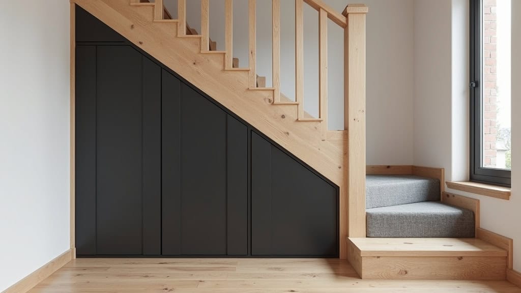 Monte-escalier design en noir mat intégré dans un escalier en bois clair, avec un siège en tissu gris, dans une maison traditionnelle de Saint-Vincent-des-Landes