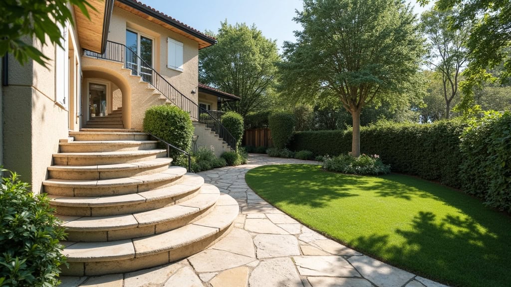 Monte-escalier étanche installé sur un escalier extérieur en pierre à Saint-Vivien-de-Médoc, avec une vue sur le jardin