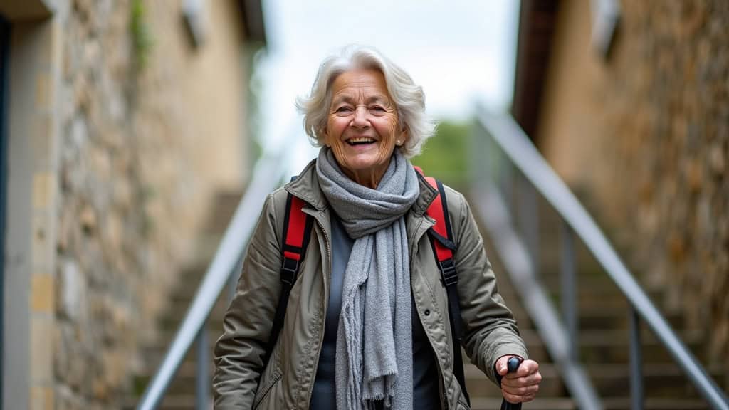 Personne âgée utilisant un monte-escalier droit à Saint-Vivien-de-Médoc, souriante, en train de monter les marches avec sécurité