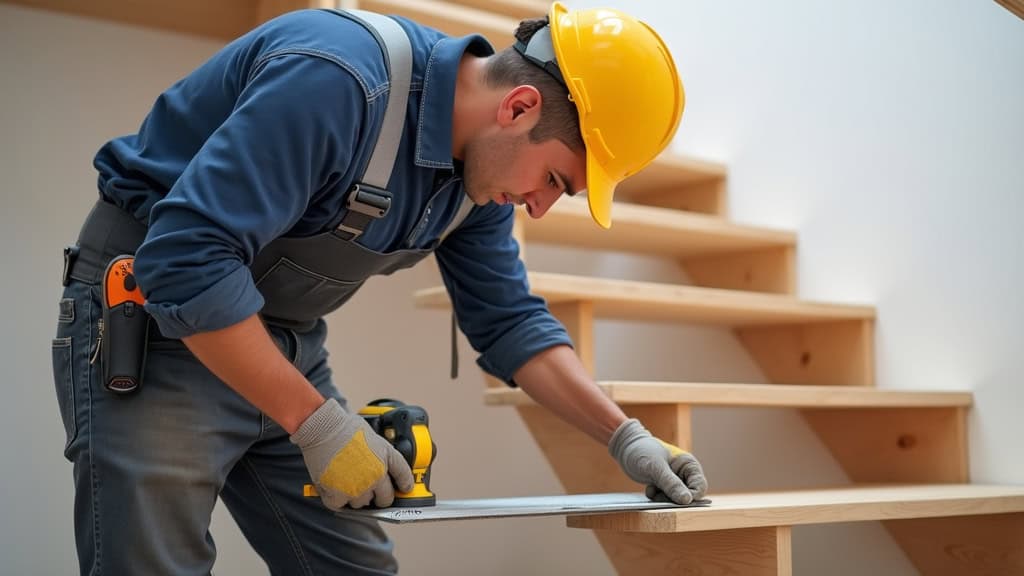 Technicien professionnel mesurant un escalier en bois à Saint-Vivien-de-Médoc avec un laser pour l