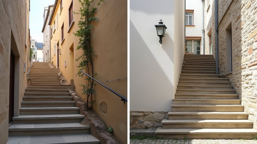 Comparaison avant/après : escalier sans monte-escalier vs escalier avec monte-escalier à Saint-Yzan-de-Soudiac
