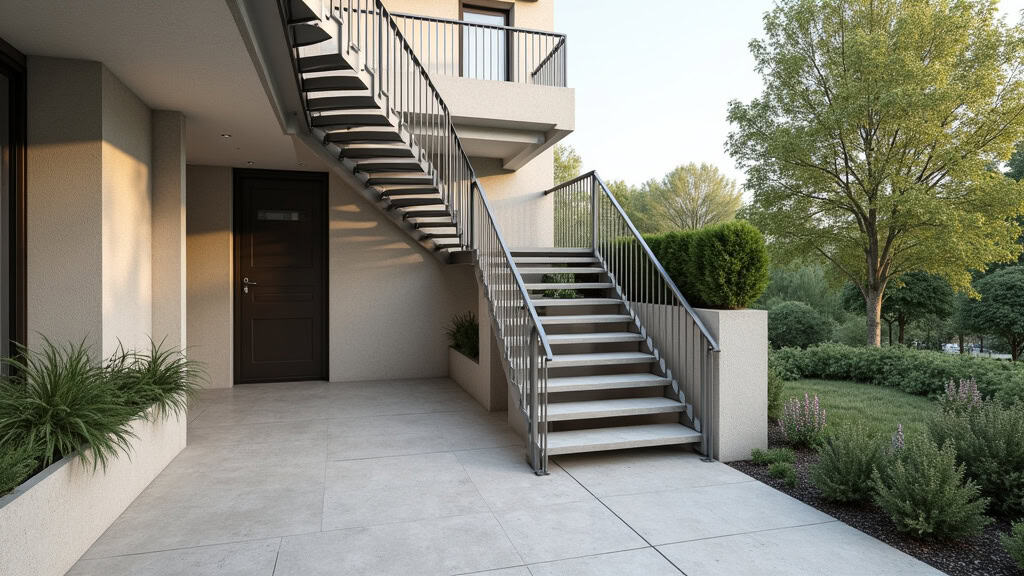 Monte-escalier extérieur en acier inoxydable installé sur une entrée en hauteur à Sainte-Florine, avec une vue sur le jardin et la façade d