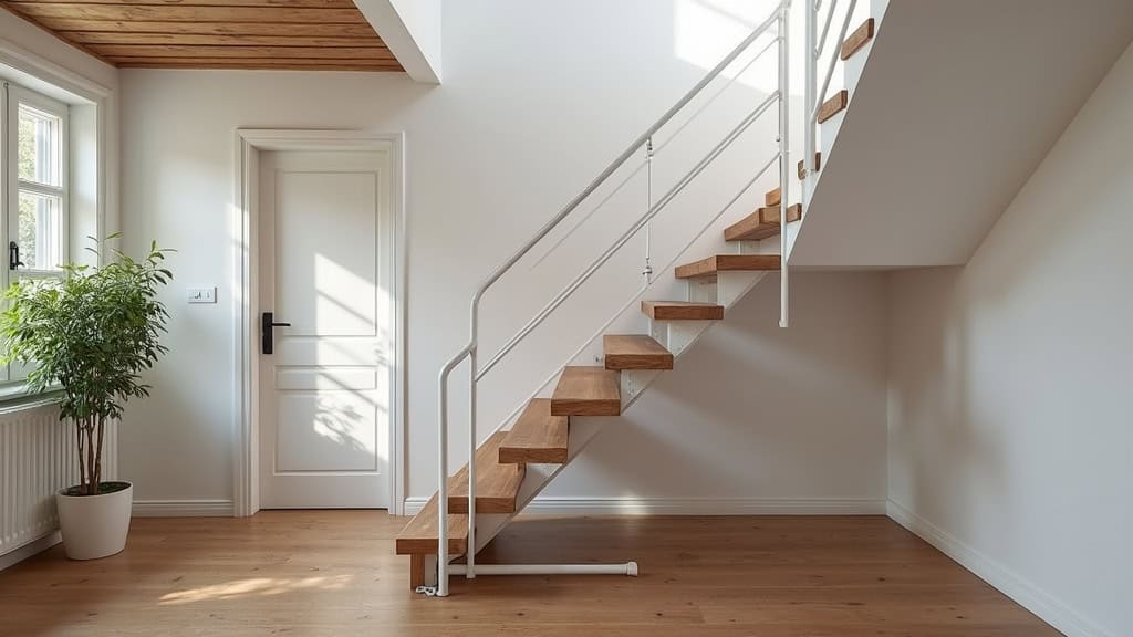 Monte-escalier tournant en aluminium blanc installé dans un escalier ancien en bois, intégré discrètement à l