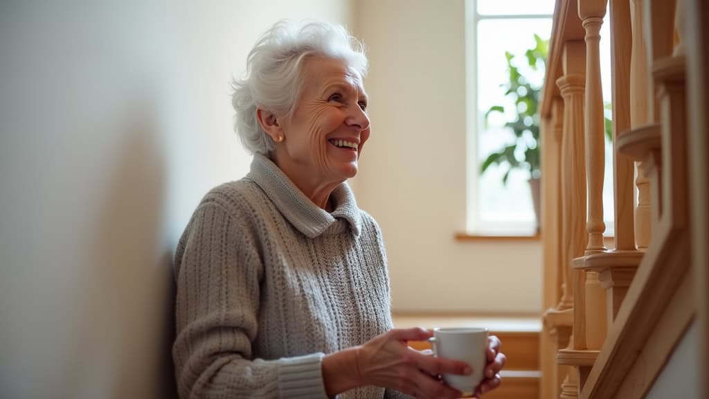 Personne âgée utilisant un monte-escalier à siège dans une maison de Sainte-Marguerite-sur-Duclair, souriante, avec une tasse de thé en main, vue depuis l
