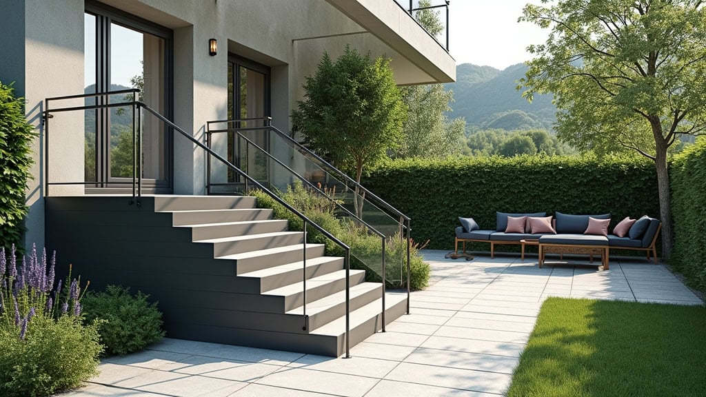 Monte-escalier extérieur en aluminium résistant aux intempéries, installé sur un accès au jardin d