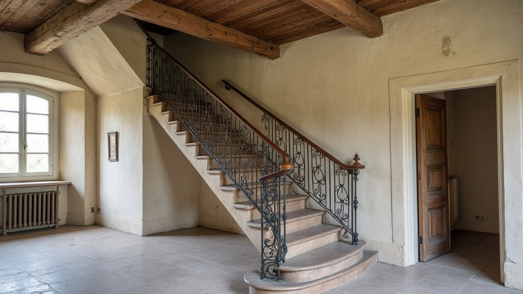 Monte-escalier tournant avec rail personnalisé sur un escalier à virage dans une maison ancienne de Sainte-Maure-de-Touraine