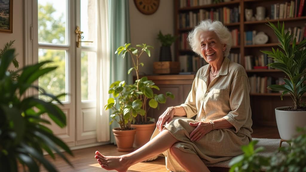 Mme Renard utilisant son monte-escalier droit dans sa maison à Sainte-Suzanne-et-Chammes, souriante, entourée de ses livres et de ses plantes