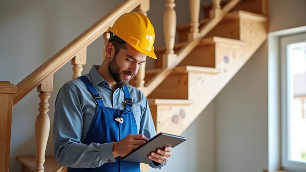 Technicien professionnel mesurant un escalier en bois à Sainte-Suzanne-et-Chammes, avec un ruban à mesurer et un cahier de notes