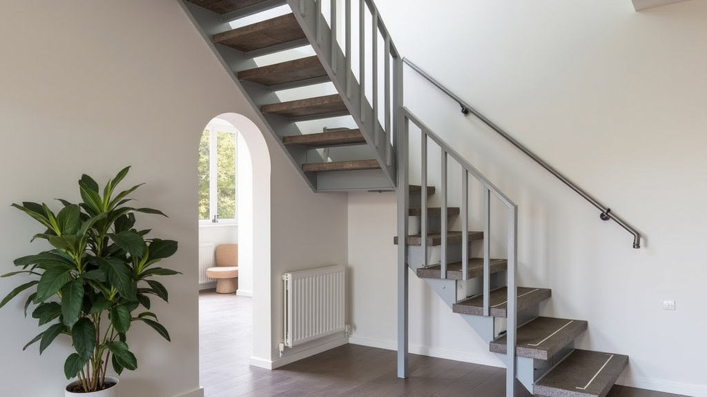 Monte-escalier droit installé dans une maison traditionnelle à Sancé, avec un siège en tissu gris et un rail en aluminium clair, intégré harmonieusement à l’escalier en pierre