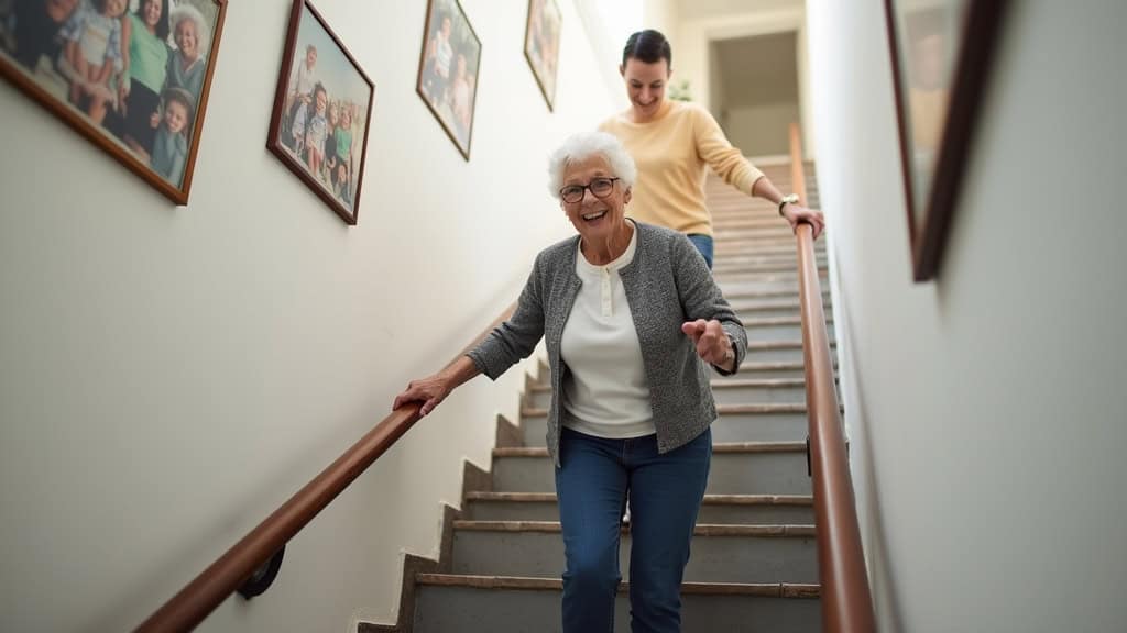 Personne âgée utilisant un monte-escalier à Sancé, en train de monter calmement les marches, avec un sourire, entourée de photos de famille sur le mur