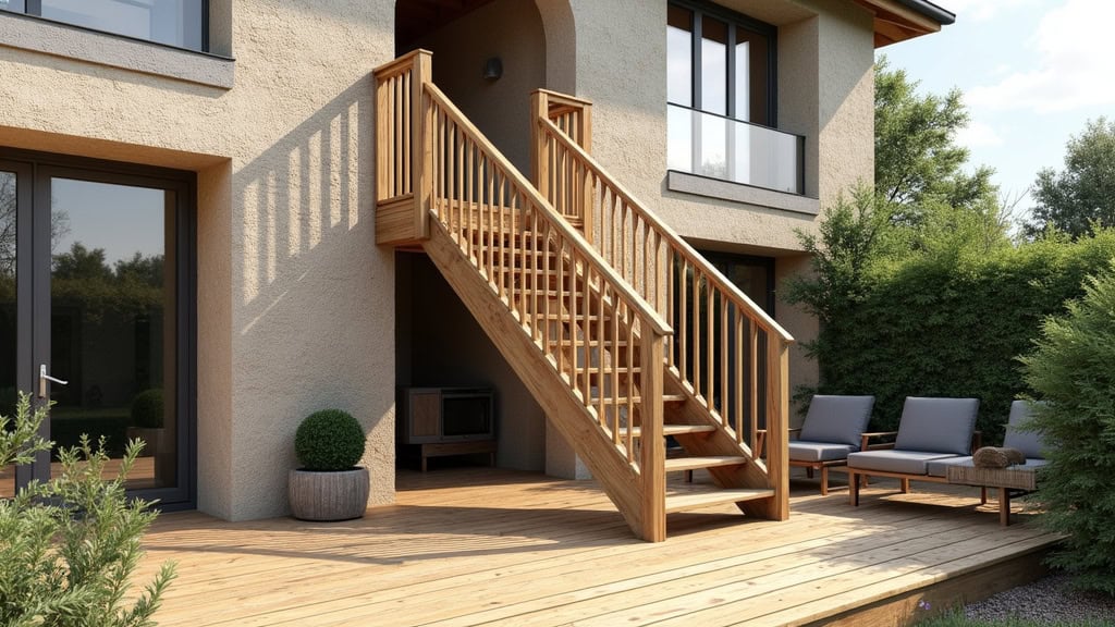 Monte-escalier extérieur installé sur une terrasse en bois à Sancé, avec un rail étanche et un siège pliable, permettant d’accéder à la cave depuis l’extérieur