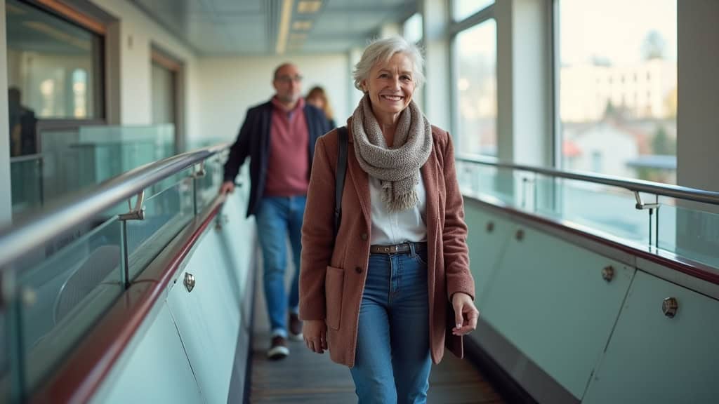 Personne âgée utilisant un monte-escalier tournant à Sannois, souriante, en train de monter les marches avec facilité
