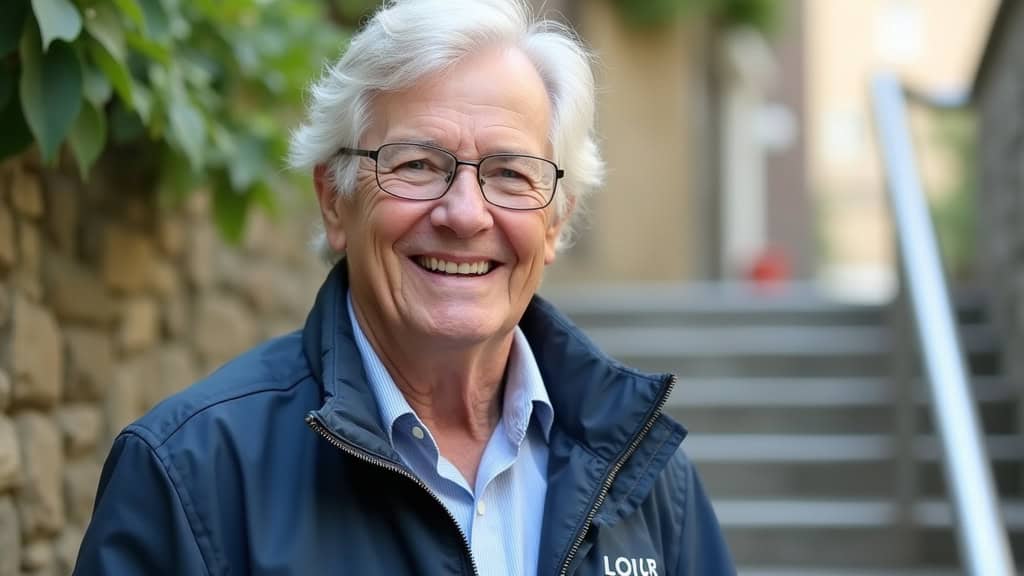 Senior souriant utilisant un monte-escalier droit à Sarreguemines, en train de monter les marches avec aisance et sécurité