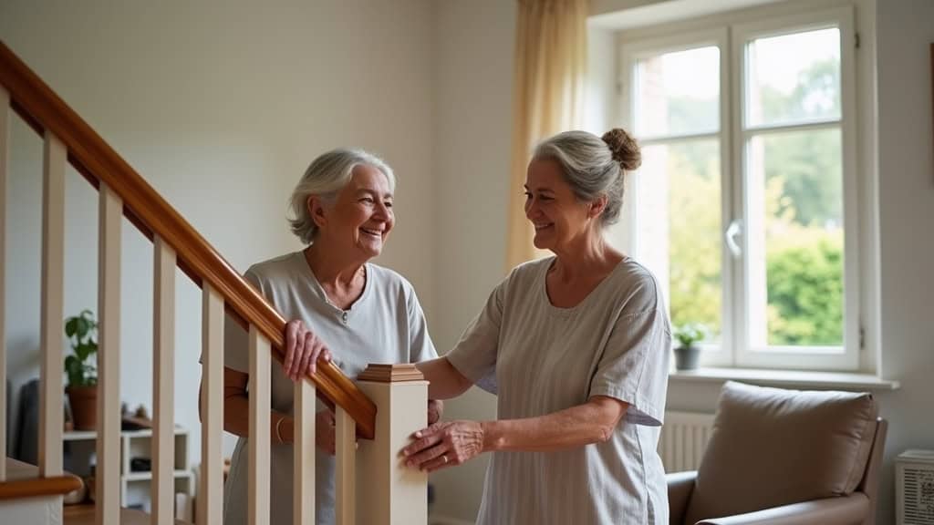 Personne âgée utilisant un monte-escalier droit dans son salon à Sartrouville, souriante, avec un fauteuil à côté. L’atmosphère est chaleureuse et naturelle.