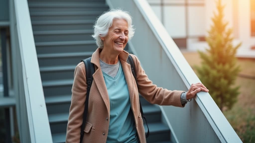 Personne âgée utilisant un monte-escalier en toute sécurité à Sassenage, souriante, avec repose-pieds automatique et commandes ergonomiques