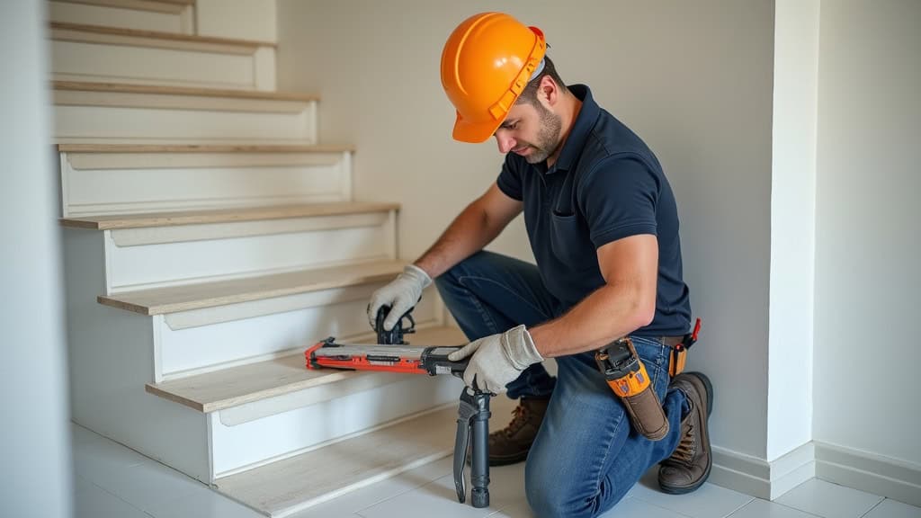 Technicien professionnel en train d’installer un monte-escalier à Sassenage, avec outils et matériel, dans un intérieur propre et ordonné