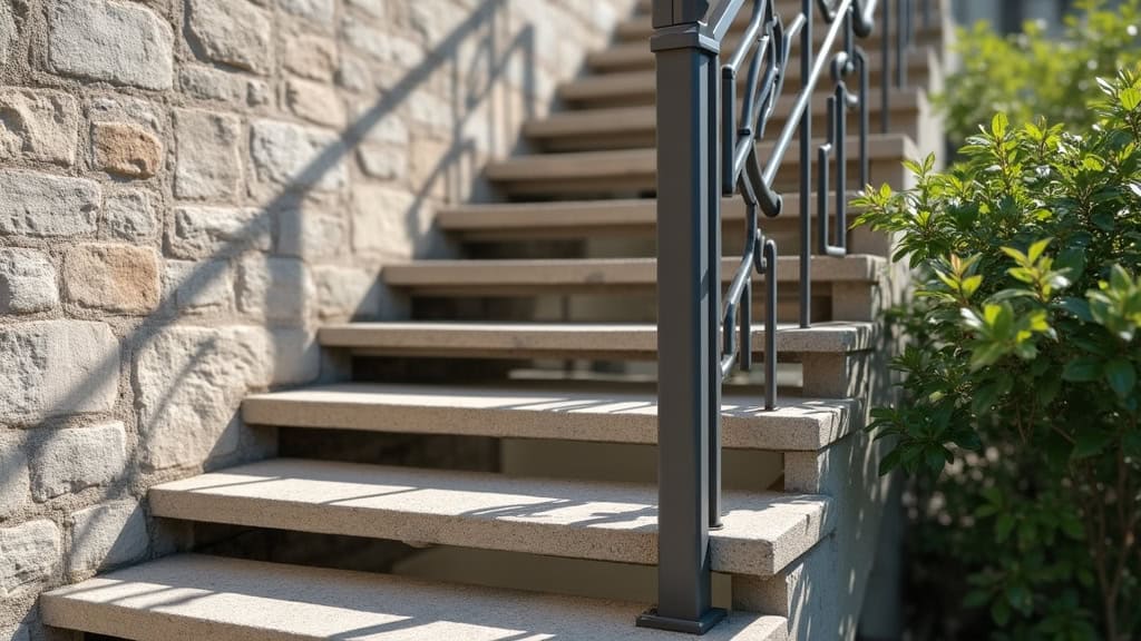 Détail du rail mince d’un monte-escalier en aluminium anodisé, fixé sur les marches d’un escalier en pierre ancienne à Saugues