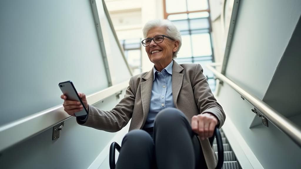 Personne âgée utilisant un monte-escalier à Saugues, souriante, en train de monter les marches avec un siège ergonomique et une télécommande à la main