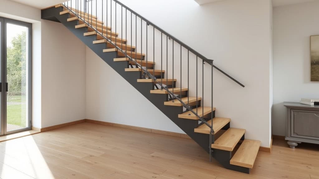 Vue d’ensemble de l’escalier après installation du monte-escalier, avec siège replié et rail discret, dans un intérieur chaleureux de maison à Saugues