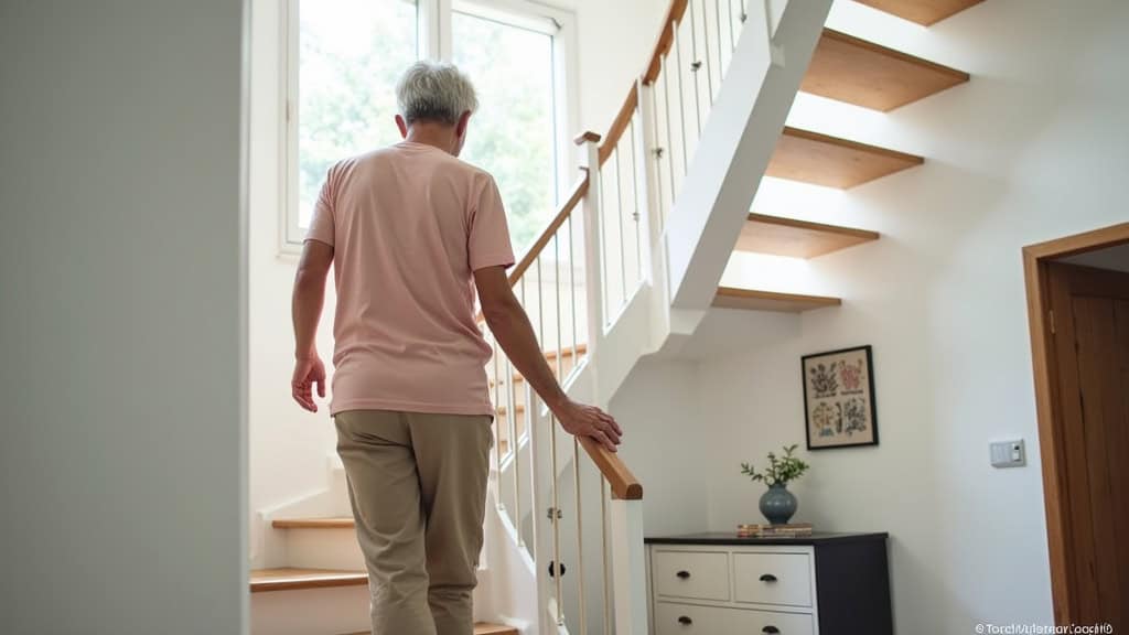 Personne âgée utilisant un monte-escalier droit dans une maison à Saultain, en toute autonomie