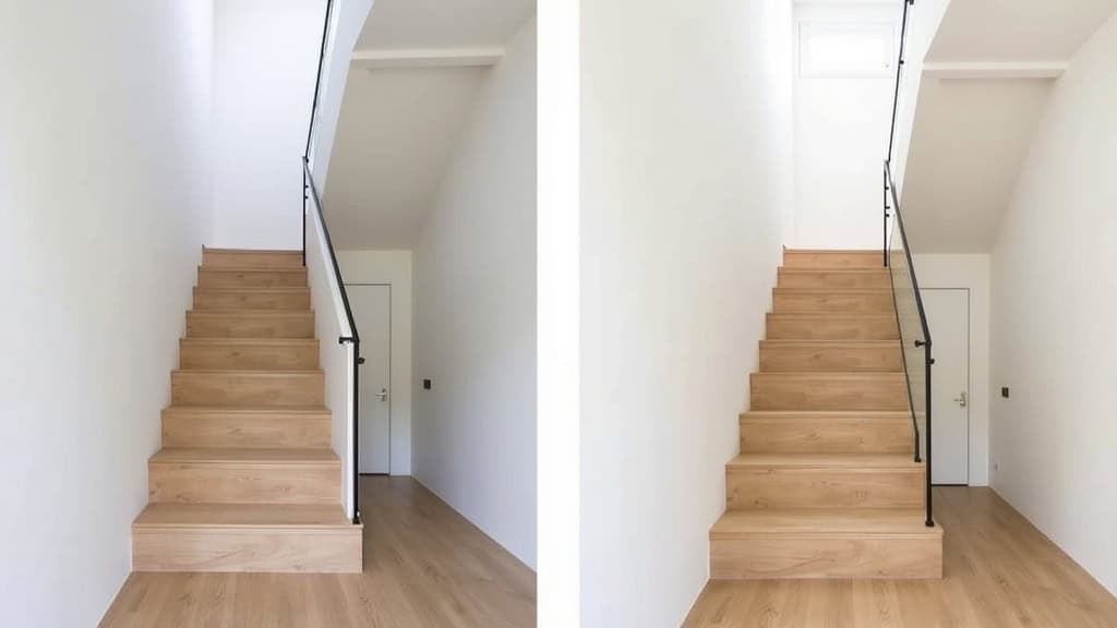 Comparaison avant/après : escalier sans monte-escalier et avec monte-escalier dans une maison à Sebourg, pour montrer l
