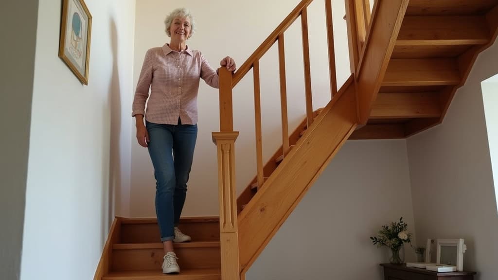Monte-escalier droit installé sur un escalier en bois dans une maison ancienne à Sebourg, avec une personne âgée souriante qui monte tranquillement
