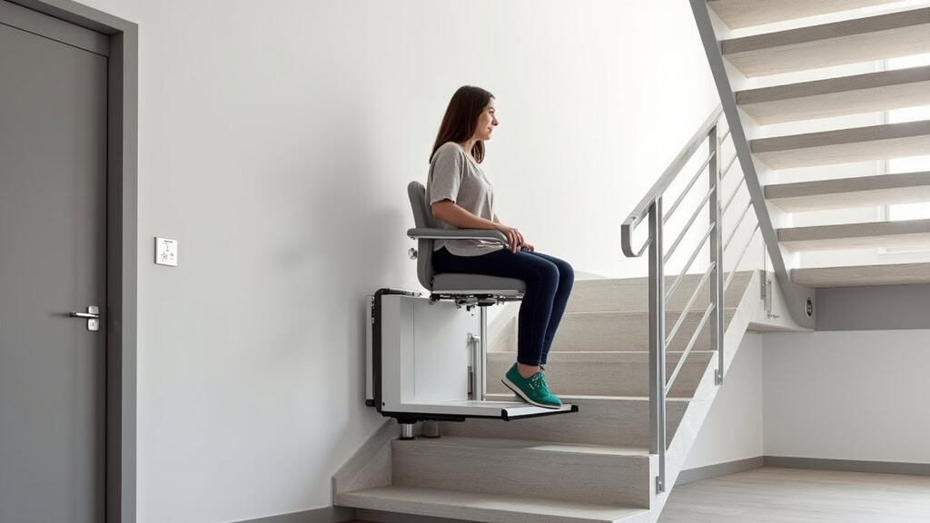 Plateforme élévatrice pour fauteuil roulant installée sur un escalier à Sebourg, avec une personne en fauteuil qui monte en toute sécurité