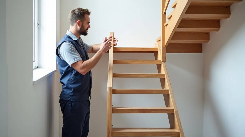Technicien professionnel sur place à Sebourg en train de mesurer un escalier pour un monte-escalier sur mesure