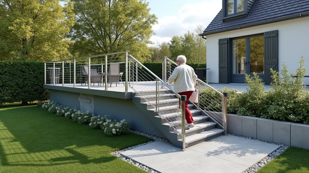 Monte-escalier extérieur en acier inoxydable installé sur un escalier de jardin à Seltz, avec une personne âgée montant vers une terrasse