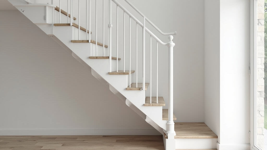 Monte-escalier discret en blanc et aluminium intégré à un escalier traditionnel de maison alsacienne, sans perturber l